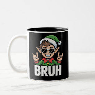 Rock n Roll Elf Bruh Funny Saying Meme Christmas Two-Tone Coffee Mug