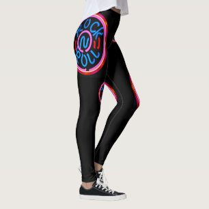 Rock n Roll Music Neon Sign Look On Black Leggings