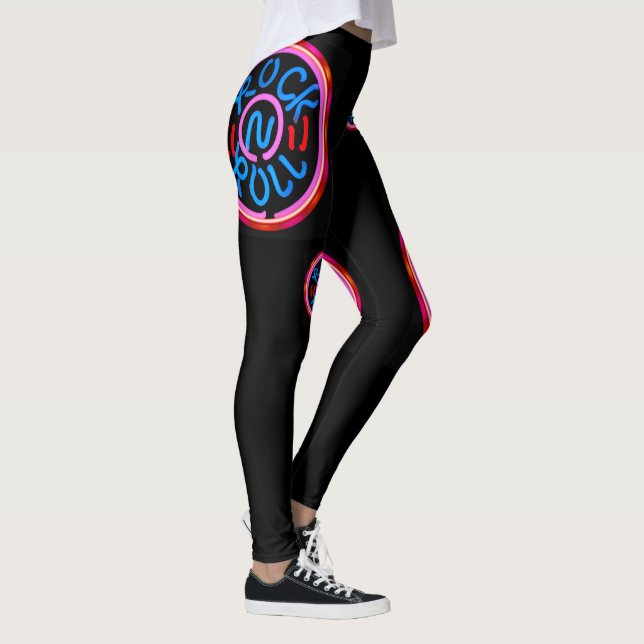 Rock n Roll Music Neon Sign Look On Black Leggings (Right)