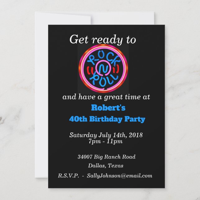 Rock n Roll Music Neon Sign Party Invitation (Back)