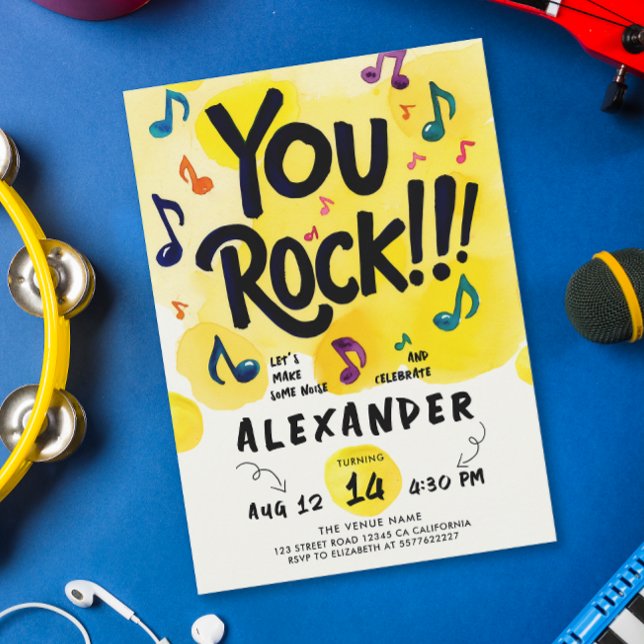 Rock N Roll Music Yellow Watercolor Birthday Party Invitation (Creator Uploaded)