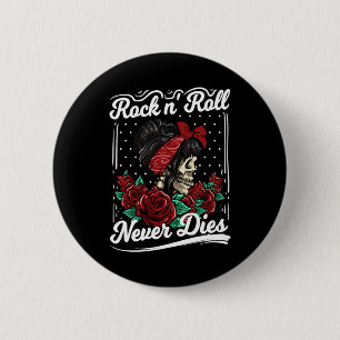 Rock n Roll Never Dies Rockabilly Girl Skull Roses 6 Cm Round Badge