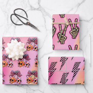 Rock n Roll Pink Skulls Skeleton Hand Halloween  Wrapping Paper Sheet
