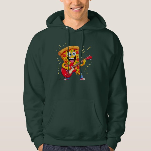 **Rock ’n’ Roll Pizza – Funny Guitar-Playing Slice Hoodie (Front)