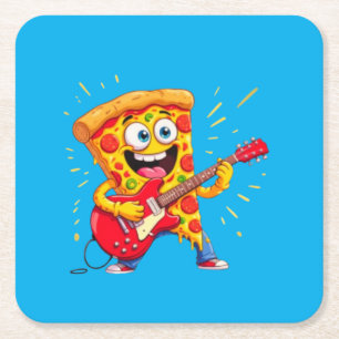 **Rock ’n’ Roll Pizza – Funny Guitar-Playing Slice Square Paper Coaster