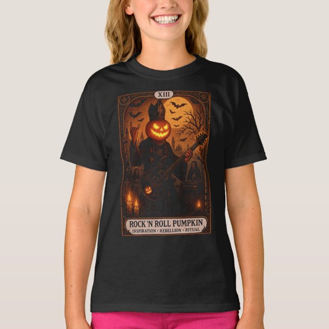 Rock 'N Roll Pumpkin Tarot Card Youth T-Shirt (Front)