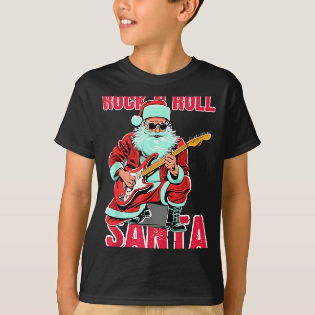 Rock N Roll Santa Playing Guitar Christmas  T-Shirt (Front)