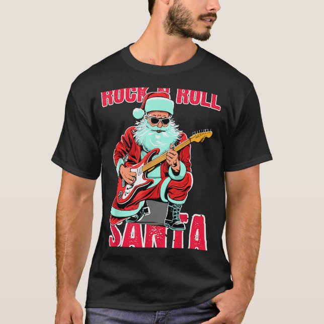 Rock N Roll Santa Playing Guitar Christmas  T-Shirt (Front)