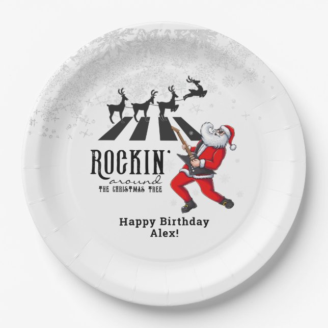 Rock N Roll Santa Rockin' Birthday Christmas Party Paper Plate (Front)