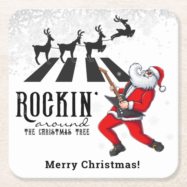 Rock N Roll Santa Rockin' Birthday Christmas Party Square Paper Coaster (Front)