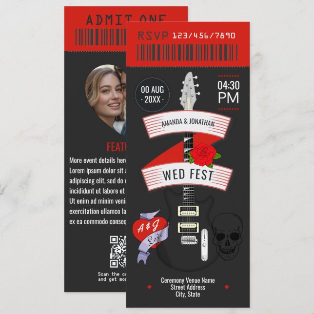Rock n' Roll Wedding ticket custom Invitation (Front/Back)