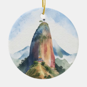 Rock of Guatape El Penon Colombia Watercolor Ceramic Tree Decoration