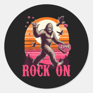 Rock On Bigfoot Sasquatch Yeti Valentines Day Retr Classic Round Sticker