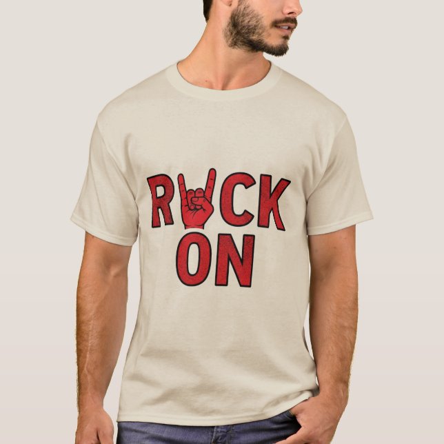 Rock On – Bold Red Typography Music Design T-Shirt (Front)