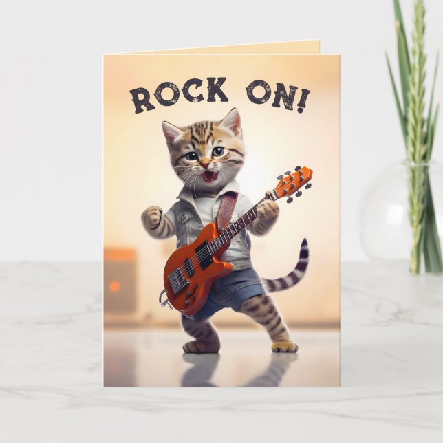 Rock On Cute Guitar Kitty Thank You Card (Front)
