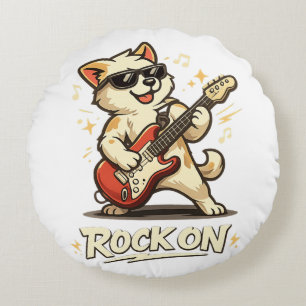 Rock On Guitar Dog Funny Rock Music Round Cushion