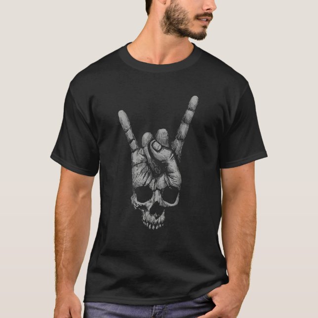 Rock On Skull Sweet Rock & Roll Skeleton Hand T-Shirt (Front)
