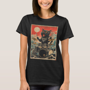 Rock On Vintage Drummer Cat Cool Band Style Gift T-Shirt