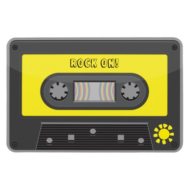 Rock on yellow  cassette with rainbow tape magnet (Horizontal)