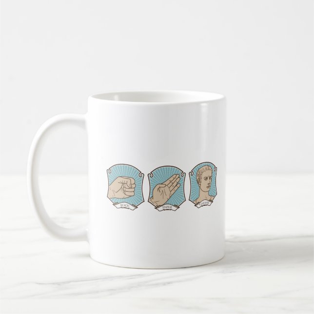 Rock, Paper, Caesar Funny Word Pun Coffee Mug (Left)