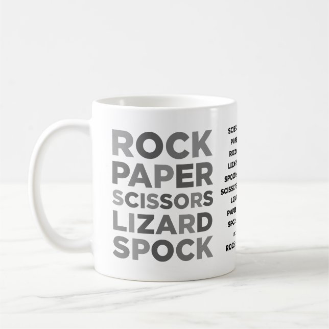 Rock Paper Scissors Lizard Spock Mug with RULES (Left)