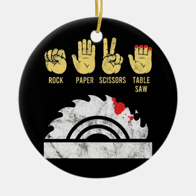 Rock Paper Scissors Table Saw Woodworking Ceramic Tree Decoration (Front)