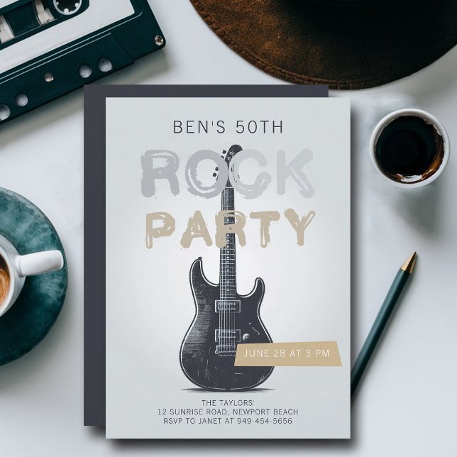 Rock Party Electric Guitar Adult Black Birthday Invitation (music fest rock adult birthday party invitation men modern fun black white gold guitar)