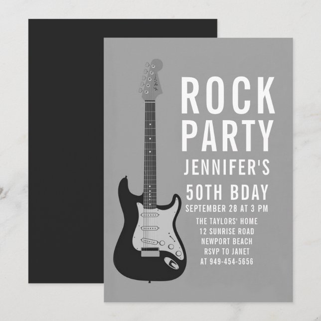 Rock Party Guitar BW Adult Modern Fun Birthday Invitation (Front/Back)