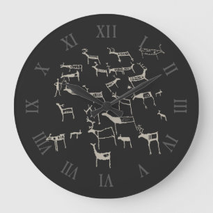 Rock Petroglyph Ancient European Deer Hunting Large Clock
