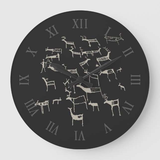 Rock Petroglyph Ancient European Deer Hunting Large Clock (Front)