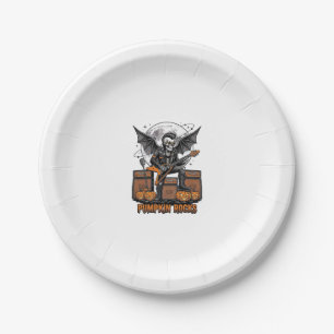 Rock Pumpkin Skull Vintage Engraving Halloween Shi Paper Plate