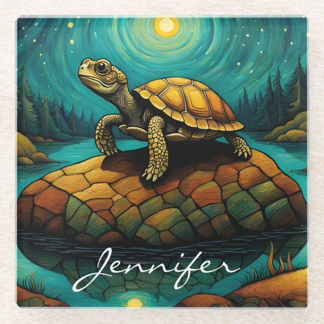 Rock River Nature Turtle Name Glass Coaster (Front)