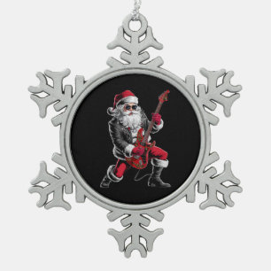 Rock & Roll Christmas Santa Claus Guitar Player Snowflake Pewter Christmas Ornament