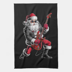 Rock & Roll Christmas Santa Claus Guitar Player Tea Towel