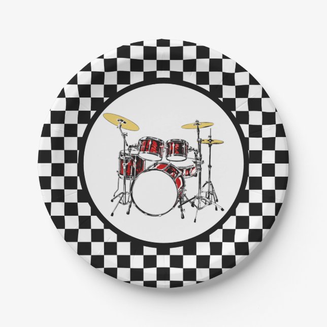 Rock & Roll Drummer Checker Drum Kit Paper Plate (Front)