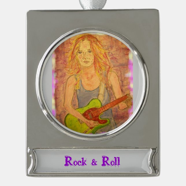 Rock & Roll Girl Silver Plated Banner Ornament (Front)
