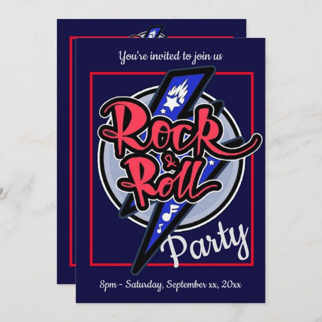Rock & Roll Lightning Blue Party Invitation (Front/Back)