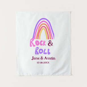 Rock & roll wedding add couple name retro rainbow tapestry