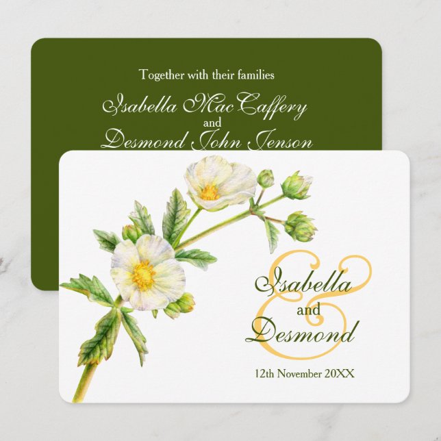 Rock rose watercolor art white green wedding invitation (Front/Back)