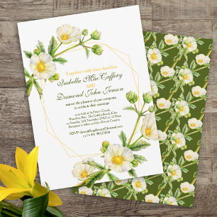 Rock rose watercolor art white green wedding invitation