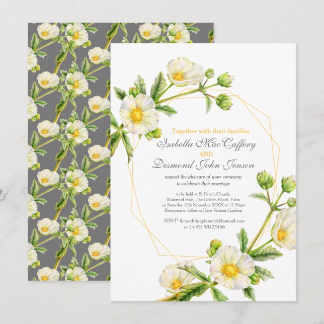 Rock rose watercolor art white yellow grey wedding invitation (Front/Back)