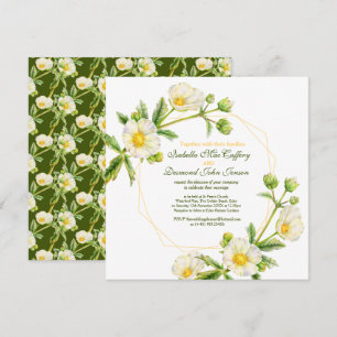 Rock rose watercolor white green square wedding invitation