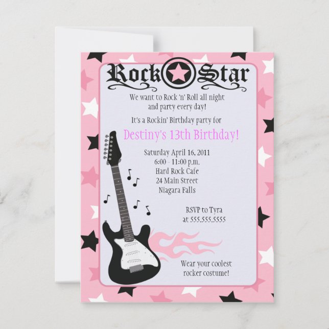 ROCK STAR 4x5 Pink Rocker Birthday Invitation (Front)