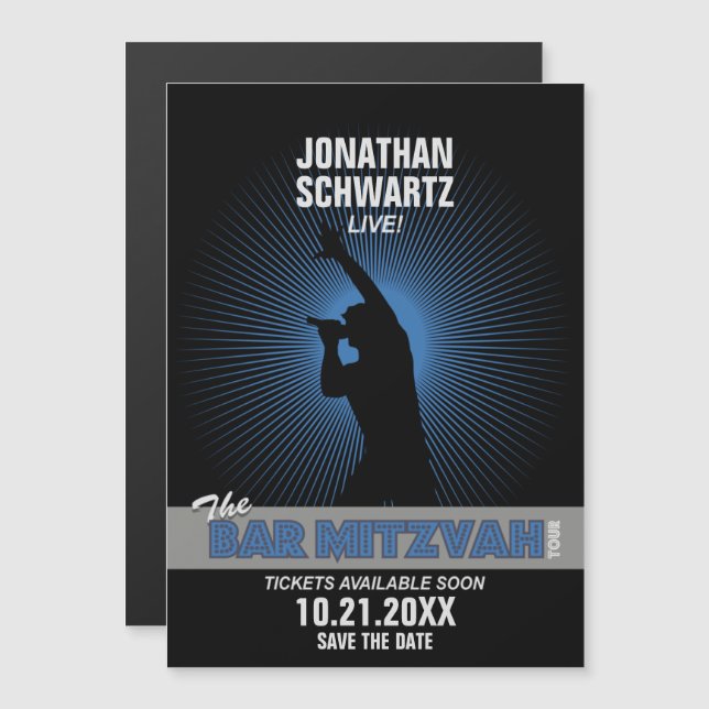 Rock Star Bar Mitzvah Save the Date Black Blue Magnetic Invitation (Front/Back)