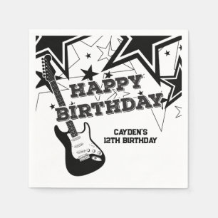 Rock Star Birthday Guitar Black White Stars Napkin