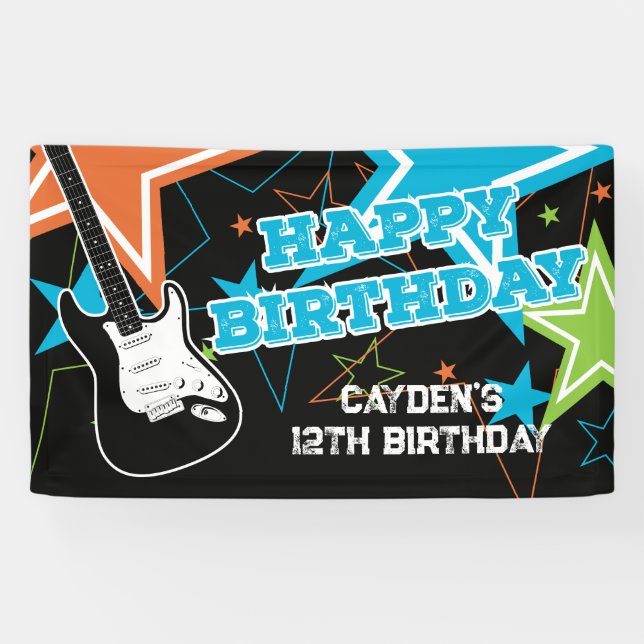Rock Star Birthday Guitar Stars Blue Orange Banner (Horizontal)