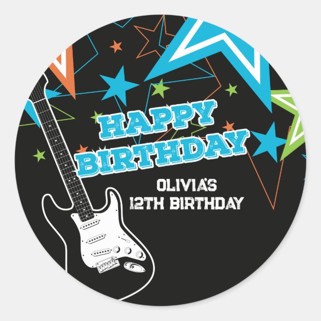 Rock Star Birthday Guitar Stars Blue Orange Classic Round Sticker (Front)
