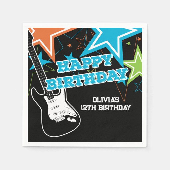 Rock Star Birthday Guitar Stars Blue Orange Napkin (Front)