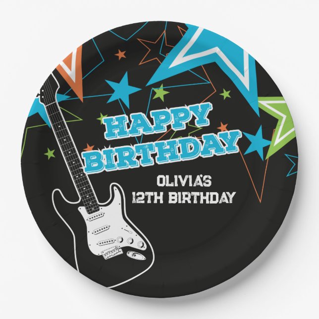 Rock Star Birthday Guitar Stars Blue Orange Paper Plate (Front)