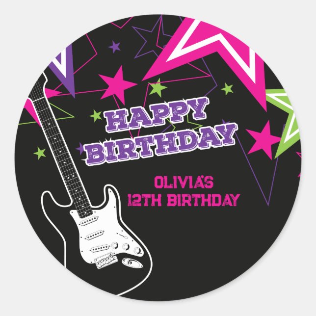 Rock Star Birthday Guitar Stars Pink Purple Classic Round Sticker (Front)